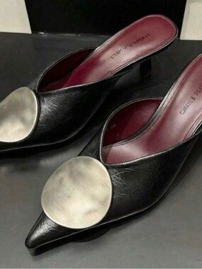 Charles & Keith Black Pointed Mule with Brushed Silver Disc